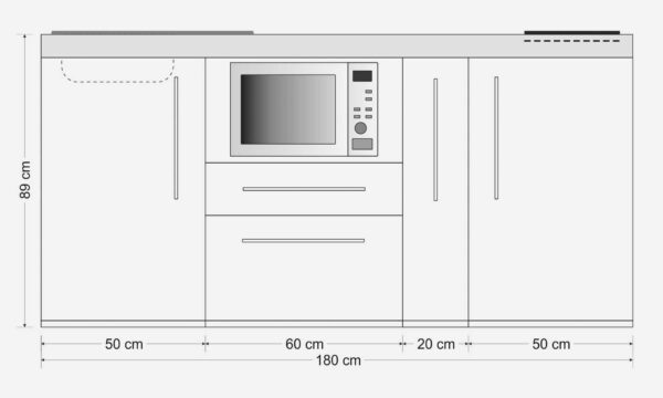 MPM 180 A mini køkken i rustfri stål - måltegning. Køkken med alle hvidevarer - fylder minimalt i køkkenrummet.